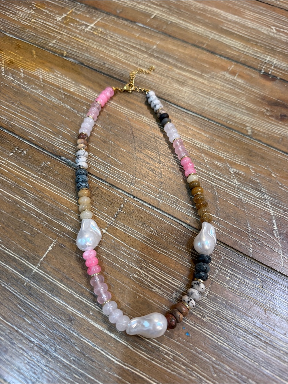 Pink & Multicolor Beaded Necklace with Pearlescent Accents